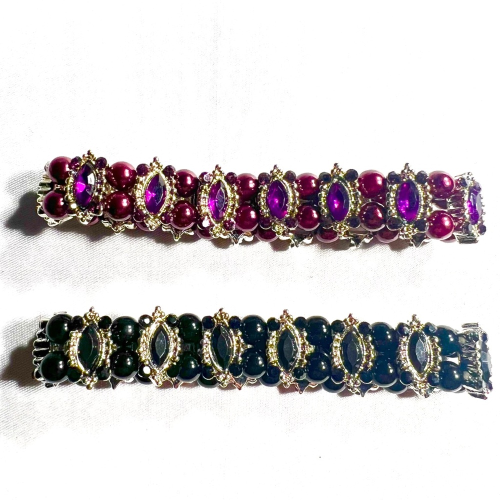 Elegant Silver Purple and Black Beaded Bracelet Set